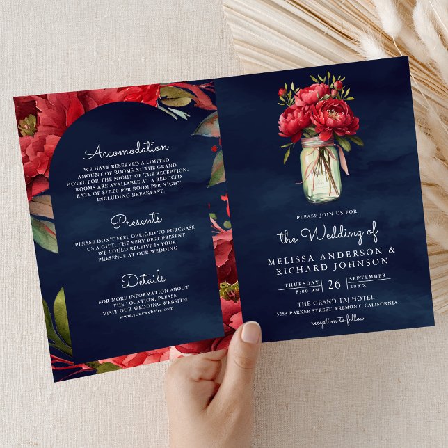 Red Peony Floral Mason Jar QR Code Navy Wedding Invitation (Creator Uploaded)