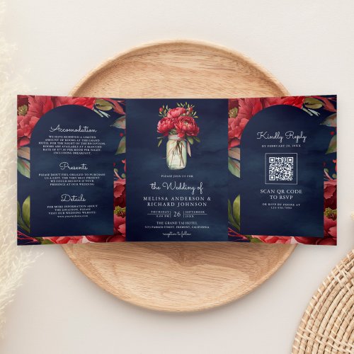 Red Peony Floral Mason Jar QR Code Navy Wedding Tri_Fold Invitation