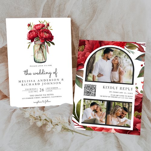 Red Peony Floral Mason Jar QR Code Wedding Invitation