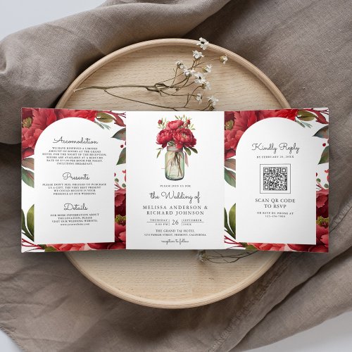 Red Peony Floral Mason Jar QR Code Wedding Tri_Fold Invitation