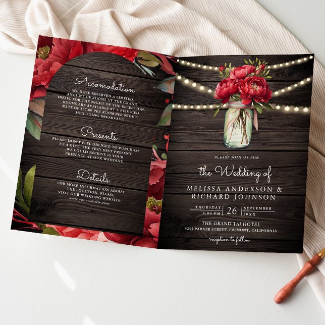 Red Peony Floral Mason Jar QR Code Wood Wedding Invitation (Creator Uploaded)