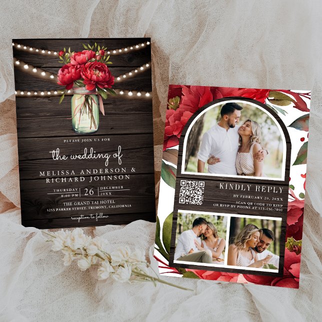 Red Peony Floral Mason Jar QR Code Wood Wedding Invitation (Creator Uploaded)