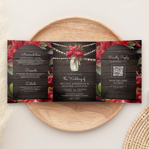 Red Peony Floral Mason Jar QR Code Wood Wedding Tri_Fold Invitation