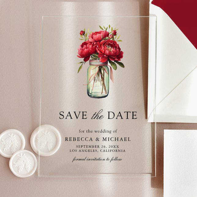 Red Peony Floral Mason Jar Wedding Save the Date Acrylic Invitations (Creator Uploaded)
