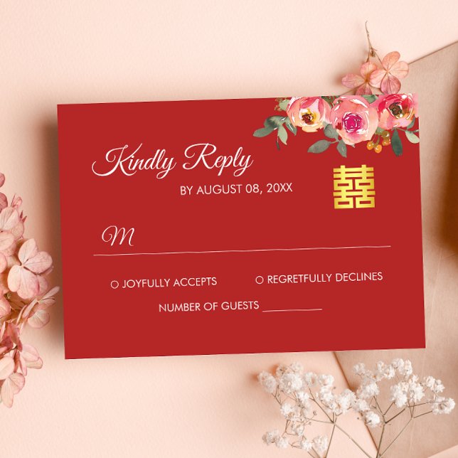 Red peony floral modern Chinese wedding RSVP card (Creator Uploaded)