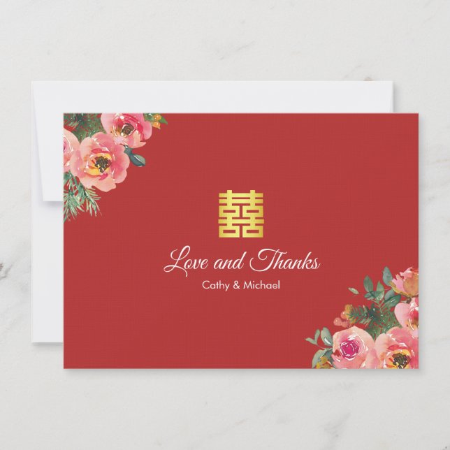 Red peony floral modern Chinese wedding  Thank You Card (Front)