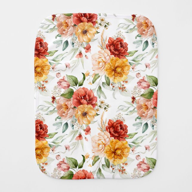 Red Peony Flower Bouquet Pattern Baby Burp Cloth (Front)
