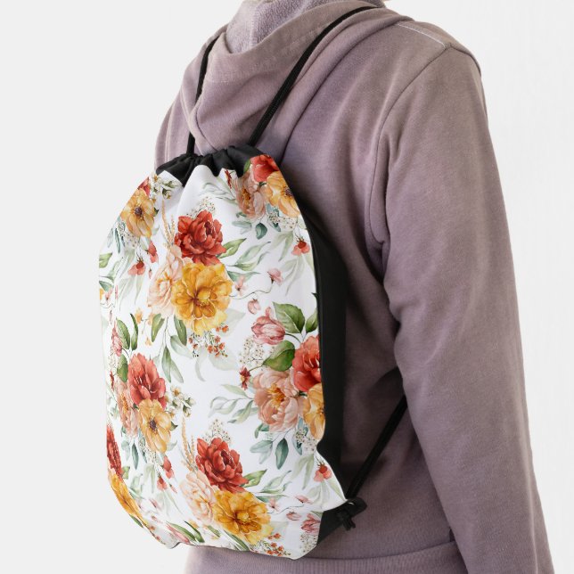 Red Peony Flower Bouquet Pattern Drawstring Bag (Insitu)