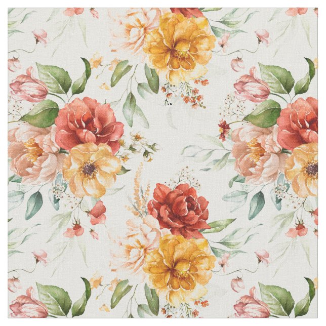 Red Peony Flower Bouquet Pattern Fabric (Close Up)
