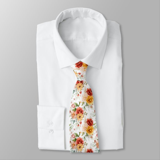 Red Peony Flower Bouquet Pattern Neck Tie (Tied)