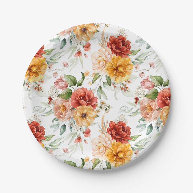 Red Peony Flower Bouquet Pattern Paper Plates (Front)