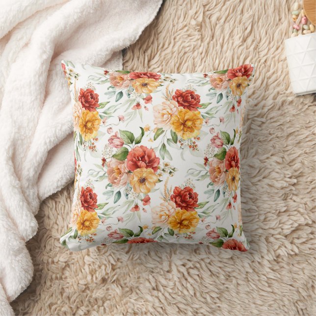 Red Peony Flower Bouquet Pattern Throw Pillow (Blanket)