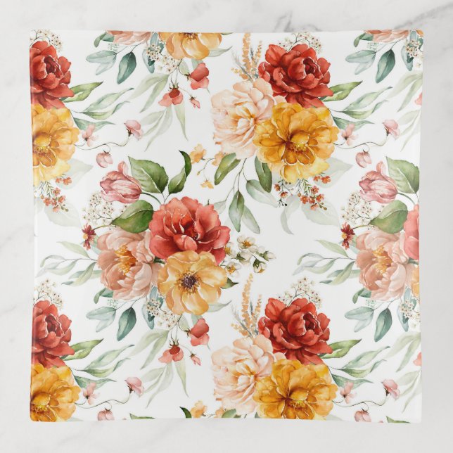 Red Peony Flower Bouquet Pattern Trinket Tray (Front)