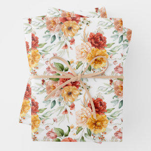Red Peony Flower Bouquet Pattern Wrapping Paper Sheets