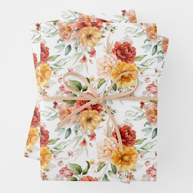 Red Peony Flower Bouquet Pattern Wrapping Paper Sheets (In situ)