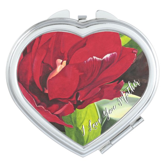 Red peony flower with green leaves on heart shaped compact mirror (Front)