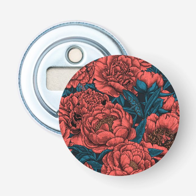 Red peony flowers and moths bottle opener (Front)
