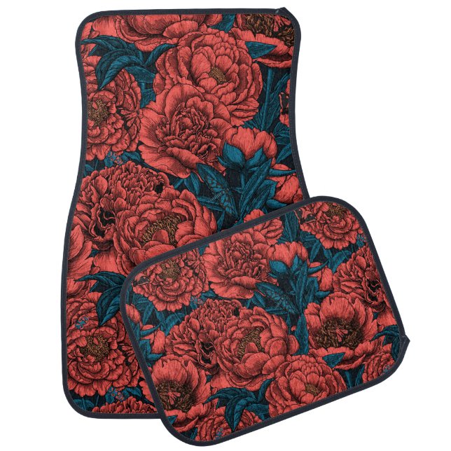 Red peony flowers and moths car floor mat (Set)