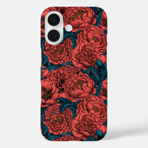 Red peony flowers and moths iPhone 16 case