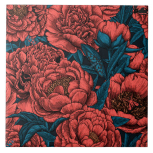 Red peony flowers and moths ceramic tile