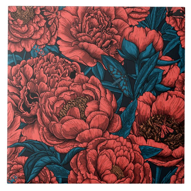 Red peony flowers and moths ceramic tile (Front)