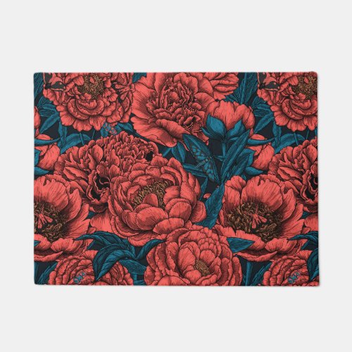 Red peony flowers and moths doormat