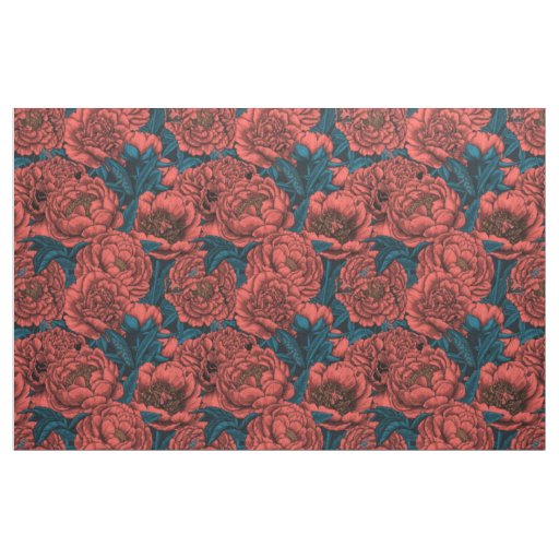 Red peony flowers and moths fabric