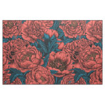 Red peony flowers and moths fabric