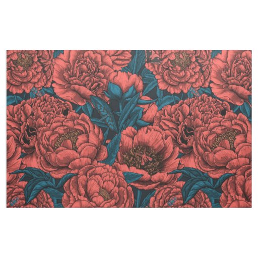 Red peony flowers and moths fabric