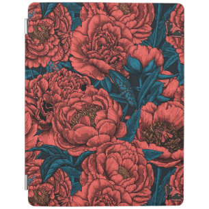 Red peony flowers and moths iPad smart cover