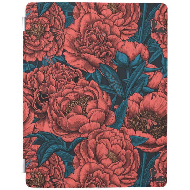 Red peony flowers and moths iPad smart cover (Front)