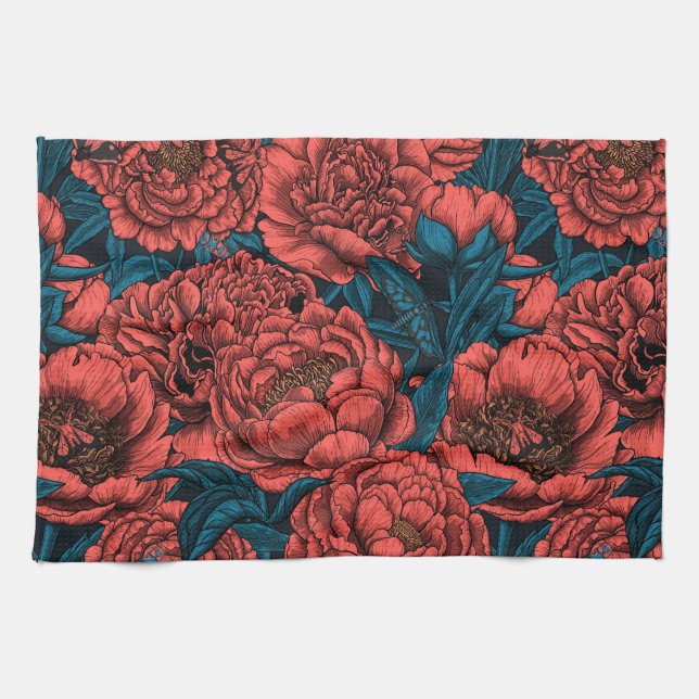 Red peony flowers and moths kitchen towel (Horizontal)