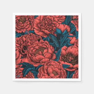Red peony flowers and moths napkins