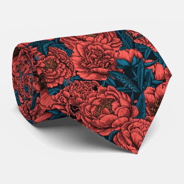 Red peony flowers and moths neck tie (Rolled)
