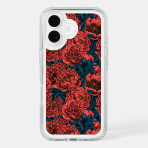 Red peony flowers and moths iPhone 16 case