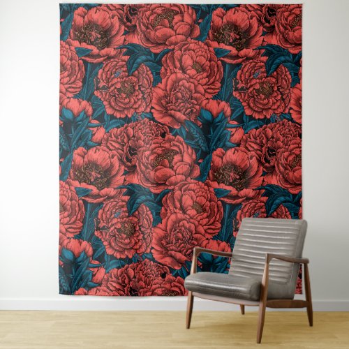 Red peony flowers and moths tapestry