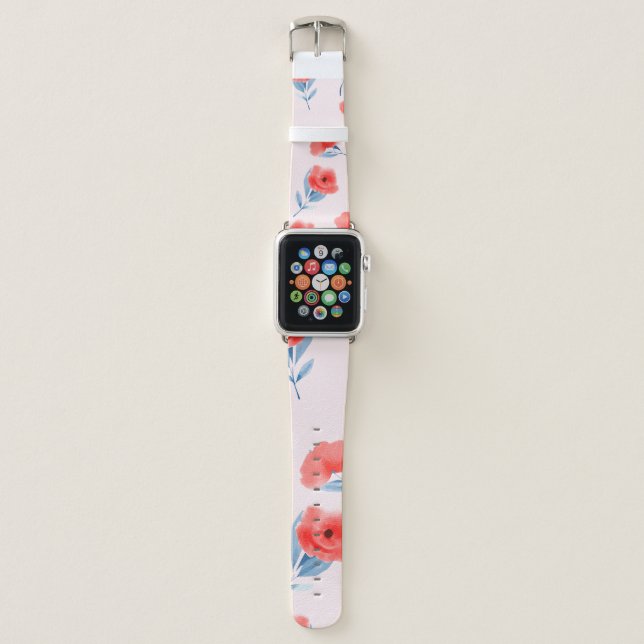 Red peony flowers seamless pattern apple watch band (Front)