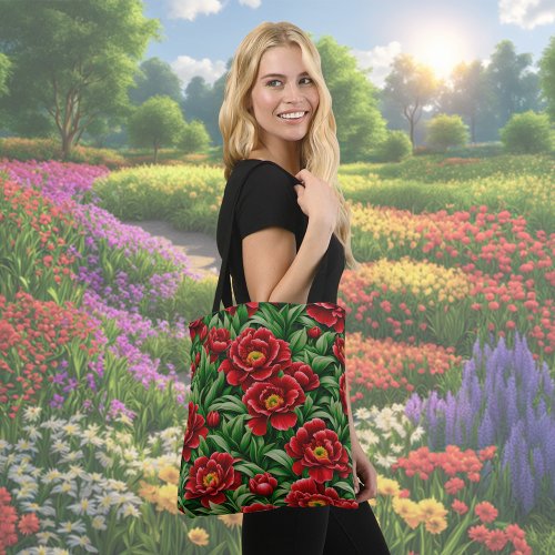 Red Peony Flowers Tote Bag