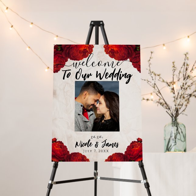 Red Peony Flowers Vintage Rustic Wedding  Foam Board (In Situ (Stand))