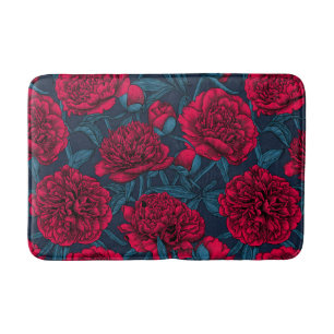 Red peony garden on dark blue bath mat