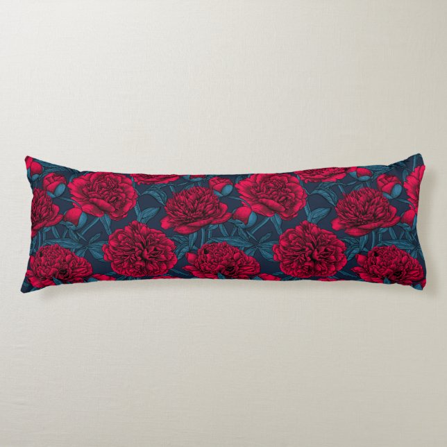 Red peony garden on dark blue body pillow (Front)