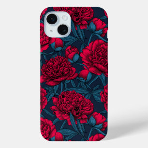 Red peony garden on dark blue iPhone 15 plus case