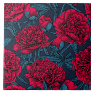 Red peony garden on dark blue ceramic tile