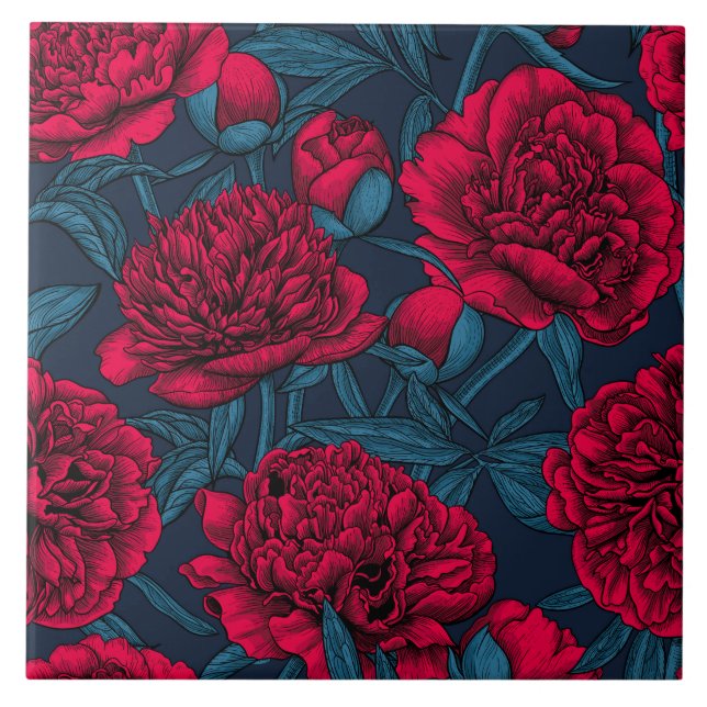 Red peony garden on dark blue ceramic tile (Front)