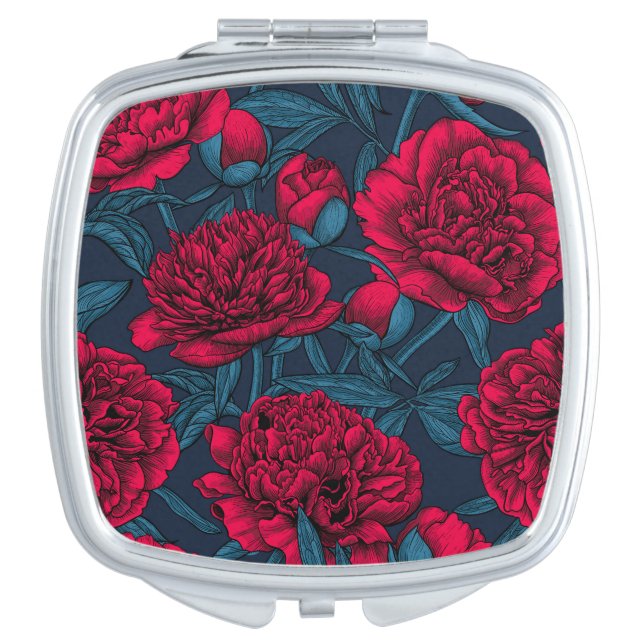 Red peony garden on dark blue compact mirror (Front)