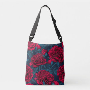 Red peony garden on dark blue crossbody bag