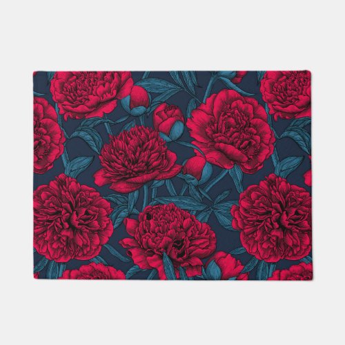 Red peony garden on dark blue doormat