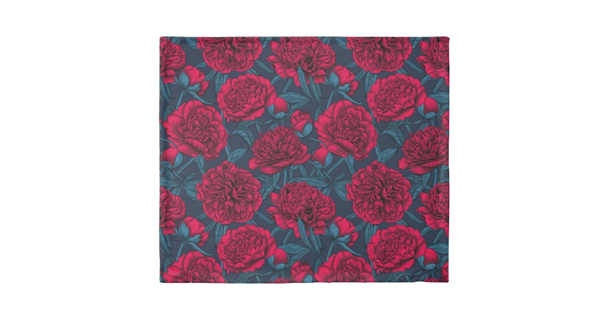 Red peony garden on dark blue duvet cover | Zazzle