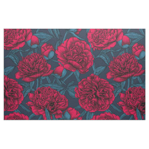 Red peony garden on dark blue fabric