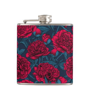 Red peony garden on dark blue flask